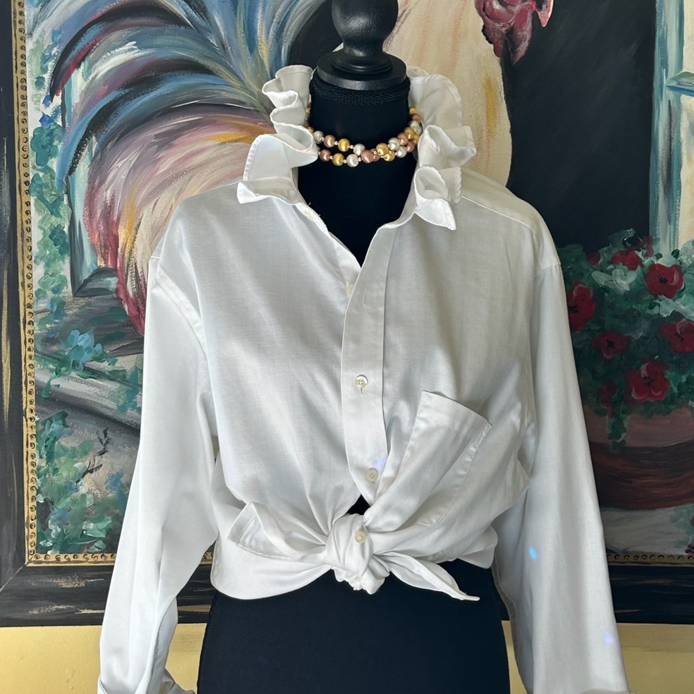 Chaps White Ruffle Collar Tie-Front Button Down Shirt